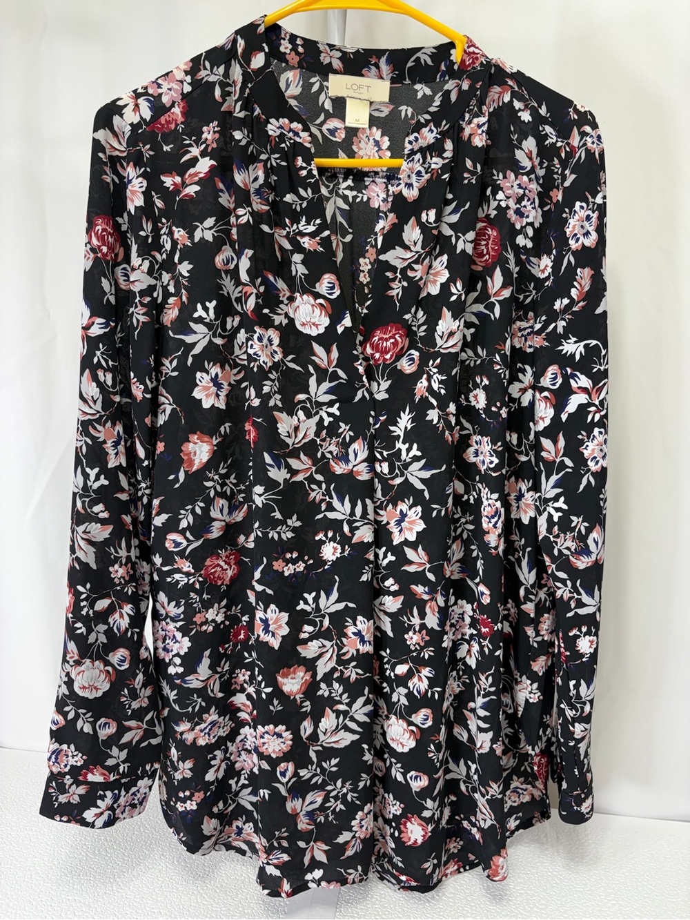 LOFT Black Floral V-Neck Long Sleeve Blouse with Pink & Red Accents 3381